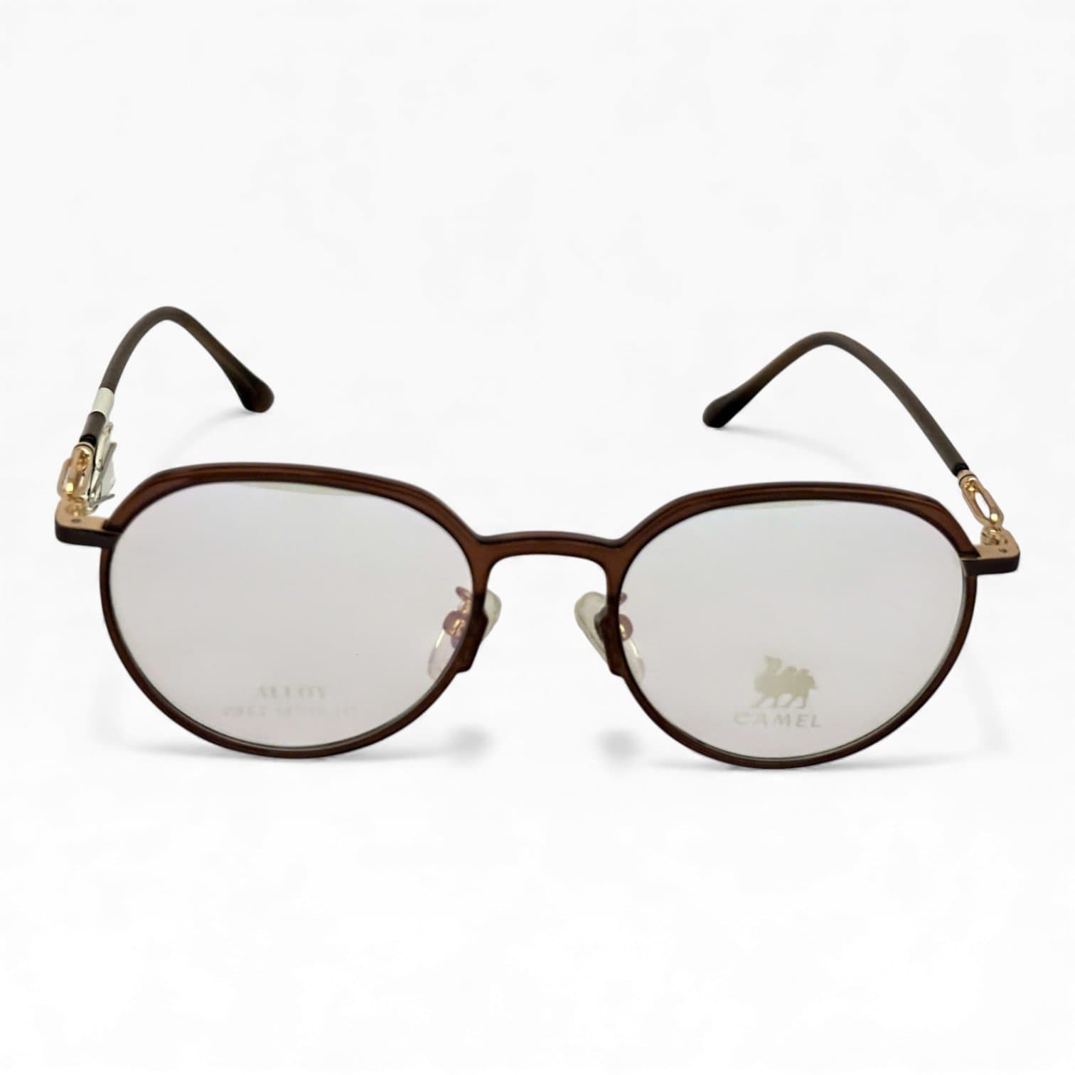Gọng kính Camel hợp kim, dáng tròn bo nhẹ, màu nâu sang: