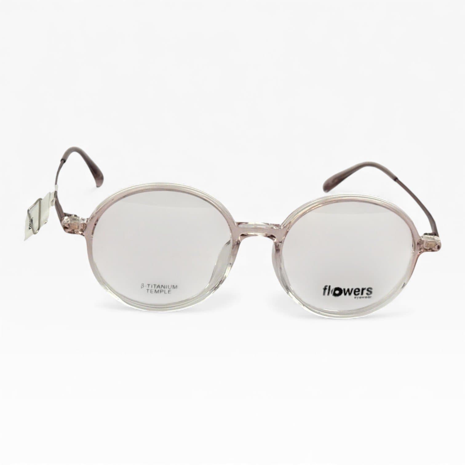 Gọng kính Flowers dáng tròn cổ điển, gọng nhựa trong, càng Titanium: