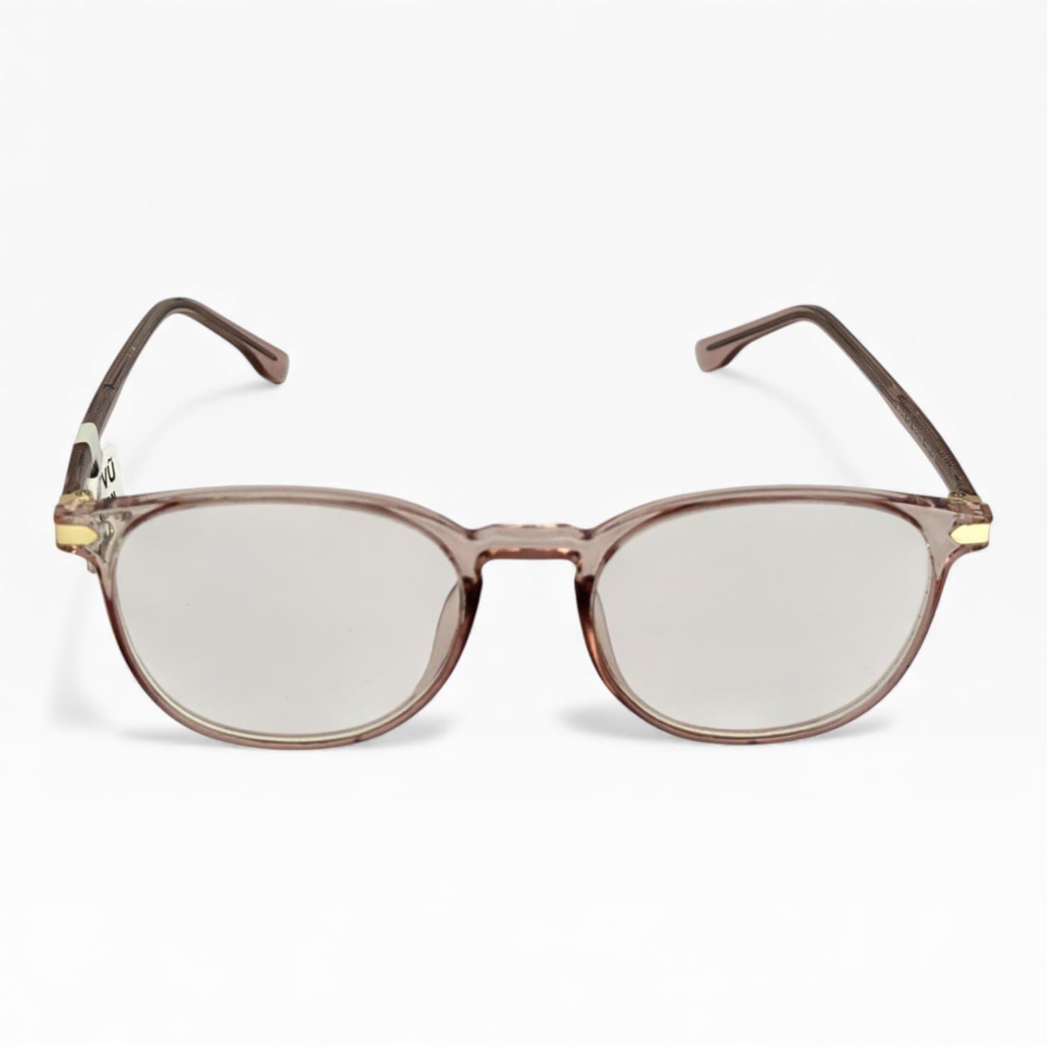 Kính gọng vuông bo tròn, nhựa trong màu nâu, điểm nhấn kim loại ở bản lề