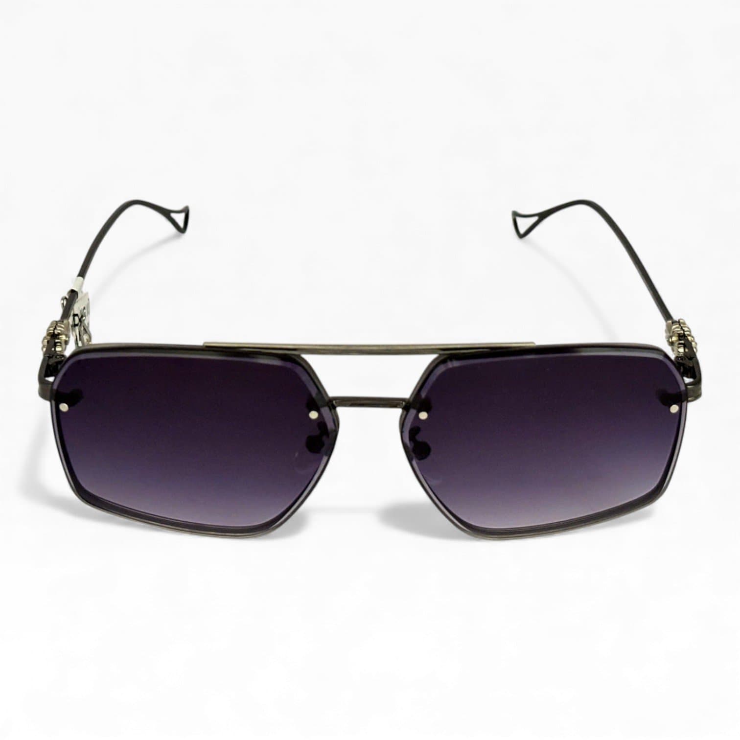 Kính Mát Nam – Gọng Kim Loại Đen, Form Lục Giác Cá Tính, Tròng Tím Khói UV400