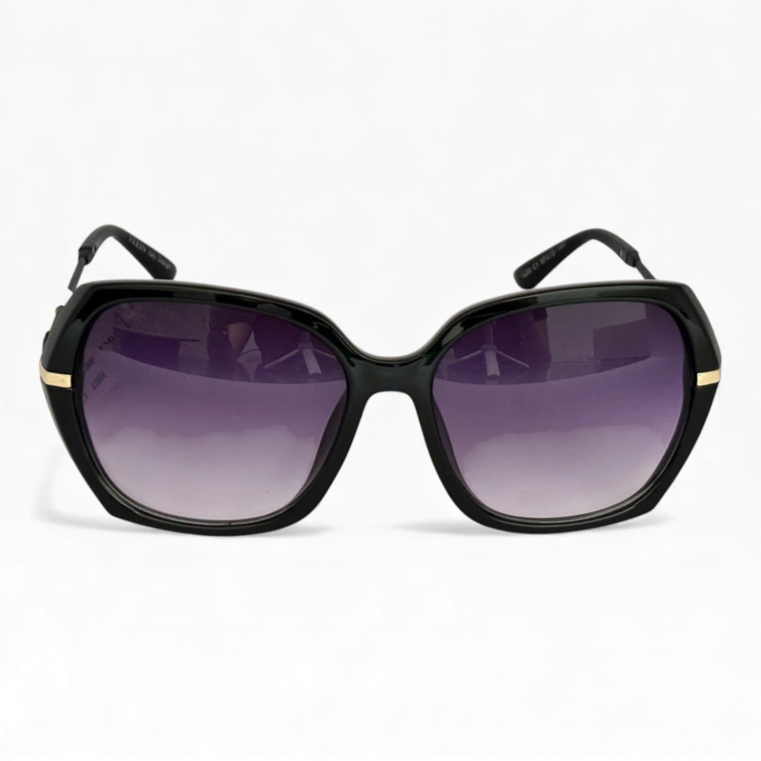 Kính Râm Oversize Nữ Gọng Đen Viền Vàng Tròng Tím UV400 Sang Trọng